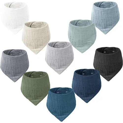 Konssy Muslin Baby Bibs 10 Pack Baby Bandana Drool Bibs 100% Cotton for Unisex Boys and Girls, Soft Absorbent Set for Teething and Drooling