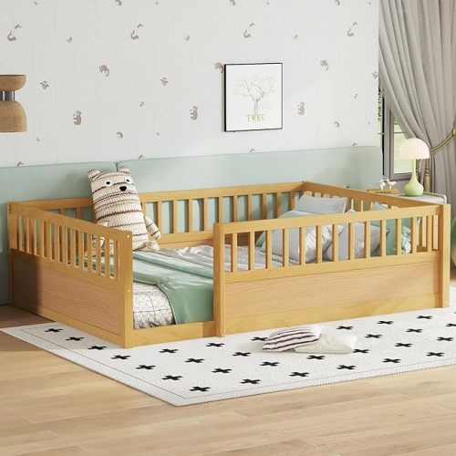 Bellemave Full Floor Bed with Door, Kids Floor Bed Frame with Fences, Solid Wood Montessori Bed for Kids, Boys, Girls, No Spring Box Needed, Safety and Quality Guaranteed, Natural