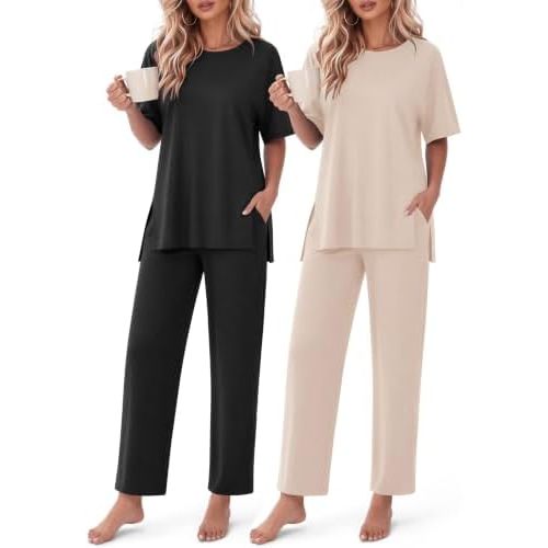 Ekouaer Women's Lounge Sets Short Sleeve Top Long Pants 2 Piece Outfit Set