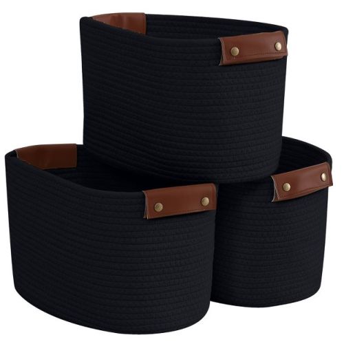 Ornavo Home 3 Pack Cotton Rope Shelf Storage Basket with Faux Leather Handles - Black