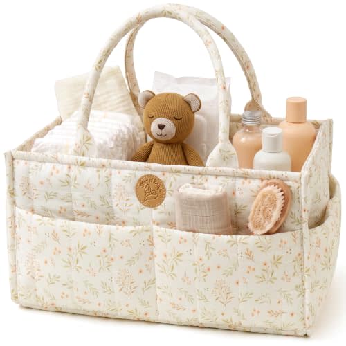 Floral Diaper Caddy Organizer - Portable Diaper Caddy with Handles & Removable Dividers - Large & Quilted Nursery Storage Basket for Girls - Woodland Nursery Decor & Wildflower Gift for Baby Shower