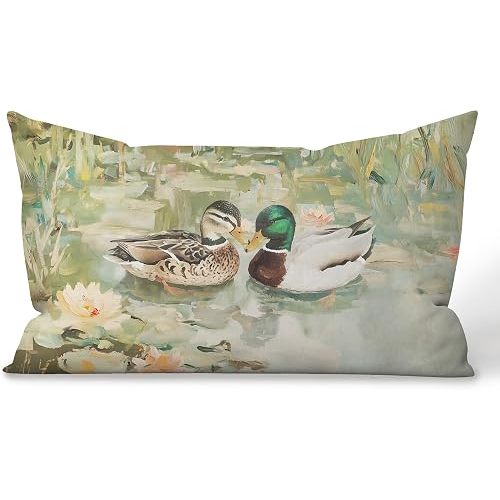 Watercolor Mallard Duck Pillow Covers 12x20, Mallard Duck Nursery Decor, Countryside Pond Ducks Decorative Lumbar Pillow Covers for Toddler Kids Girl Boy Room Bedroom Nursery