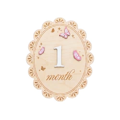 Baby Monthly Milestone Sign Wooden, 1-12 Month Baby Girl Photo Prop, Engraved Milestone Board with 3D Butterfly Design, Newborn Photoshoot Props Double-Sided, Baby Photoshoot Prop Gift (QR1)