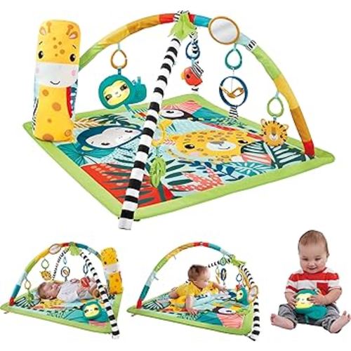 Fisher-Price Baby Playmat 3-in-1 Rainforest Sensory Gym with Music & Lights, Tummy Wedge & 5 Developmental Toys for Newborns 0+ Months