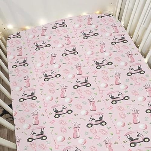 Golf Baby Crib Sheets for Boy Girl 28"x52" Sports Golfing Soft Stretchy Fitted Crib Mattress Cover Golf Lovers Gift Nursery Baby Sheet for Standard Crib and Toddler Bed Mattress Pink
