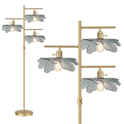 65" Dimmable Gold Floor Lamp, 3-Light Antique Brass Tree Standing Lamp with Dark Green Flower Glass Shade, Rustic Tall Floor Light for Bedroom Corner Living Room Study Office