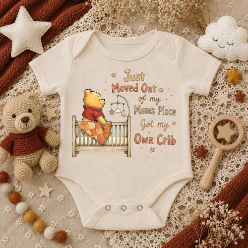 Teddy Bear Own Crib Baby Onesie®, Just Moved Out of Moms Place Outfit