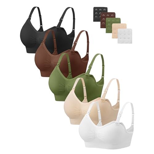 Angelhood Women Nursing Bras for Breastfeeding 5 Pack, Maternity Sleep Bra | Seamless Pregnancy Full Bust Bralettes with Extenders, Wireless V Neck Bralette, Ultra Comfort Postpartum Essentials Bra Pack