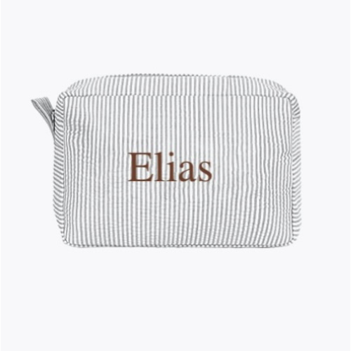 MT WORLD Personalized Makeup Bag Cute Cotton Cosmetic Bag for Women Seersucker Bridesmaid Travel Makeup Bag for Girls Aesthetic Toiletry Bag Organizer Storage Pouch (Grey)