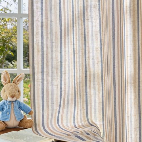 Vangao Linen Stripe Nursery Curtains for Kids Tickingstripe Light Filtering | Window Curtains Colorful Pinstripe Printed Drapes 63 Inches Long for Living Room Girls Bedroom Colorful Blue 2 Panels