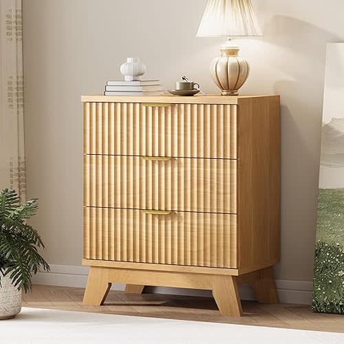 Fluted Dresser for Bedroom with 3 Drawers, 24" Wide Modern Chest of Drawers with Metal Handle, Wooden Dresser TV Stand, Wood Closet Clothes Storage Organizer for Living Room, Hallway, Natural Oak