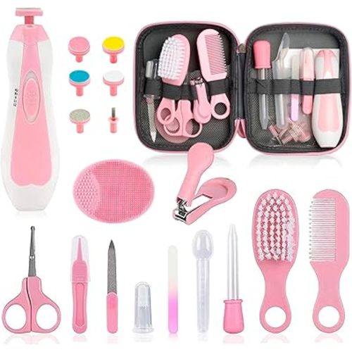Baby Grooming Kit - 19 in 1 Nursery Essentials Baby Registry Shower Gift for Newborns, Infants, Toddlers, Boys, Girls Kids-Safety Baby Comb, Brush, Finger Toothbrush, Nail Clippers, Scissors(Pink)