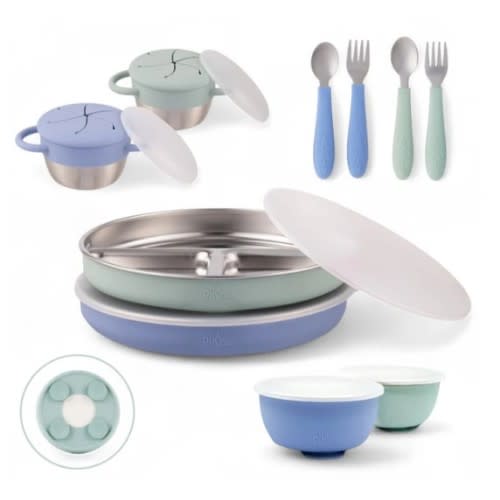Stainless Steel Mealtime Bundle | Plates, Bowls, Snack Cups + Toddler Utensils | Sage/MistyBlue