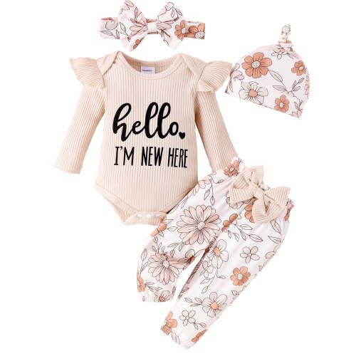 WIBACKER Newborn Baby Girl 4Pcs Outfit, Infant Girl Outfits Long Sleeve Ruffle Romper + Floral Pants + Headband +Hat Set Clothes