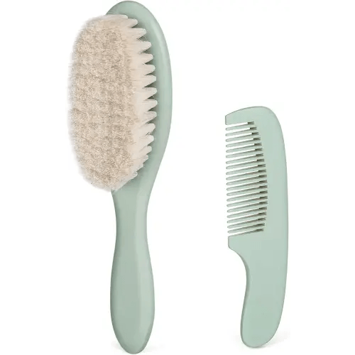 BumbleBee Newborn Baby Hair Brush & Comb Set - Wooden Brush with Soft Wool Bristles, Cradle Cap Brush for Boys, Girls & Toddlers, Sage
