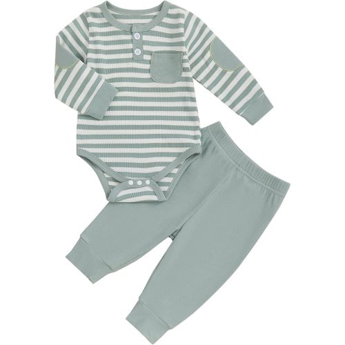 fhutpw Baby Boy Clothes 3 6 12 18 Months Ribbed Knitted Long Sleeve Romper and Pants Sets Newborn Fall Splicing Color Outfits