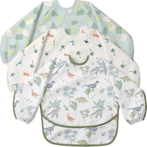CIVARUA KIDS 3 Pack Long Sleeve baby Bibs for Eating, Waterproof Smock Bib | Full Body Shirt Bibs with Catch-all Pocket for Baby & Toddler, Mess Proof Reusable Feeding Essentials (Dinosaur, 6-24M)