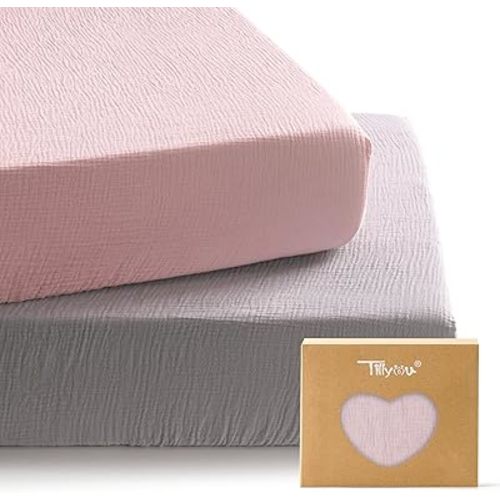 TILLYOU 2 Pack Muslin Crib Sheets for Boys and Girls, 100% Cotton Fitted Crib Sheet for Toddler 52x28 Standard Crib Mattress, Grey and Pink