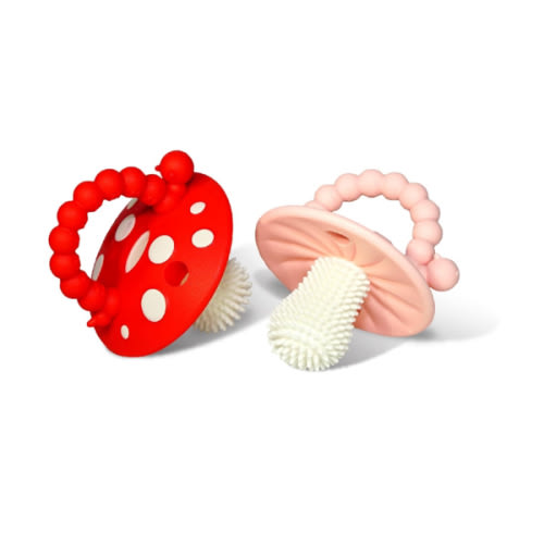 RaZbaby Chompy Teether – Soft Silicone Teething Toy for Infants & Babies 3M+, Massaging Bristles for Teething Relief, Hands-Free & Easy to Hold, Sensory Development, BPA-Free – Great Gift – Red/Pink