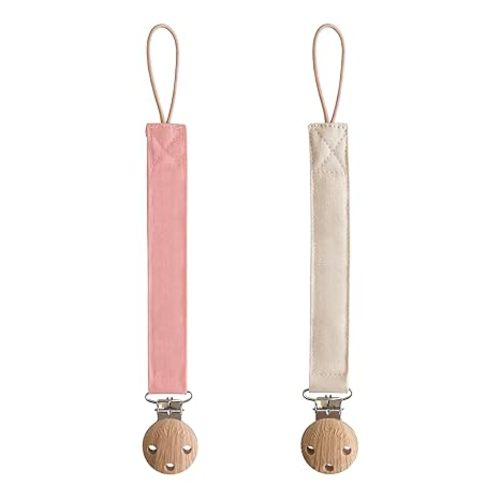 mushie Linen Baby Pacifier Clip Holder | Soft Fabric Strap, 2-Pack (Blush/Cream)