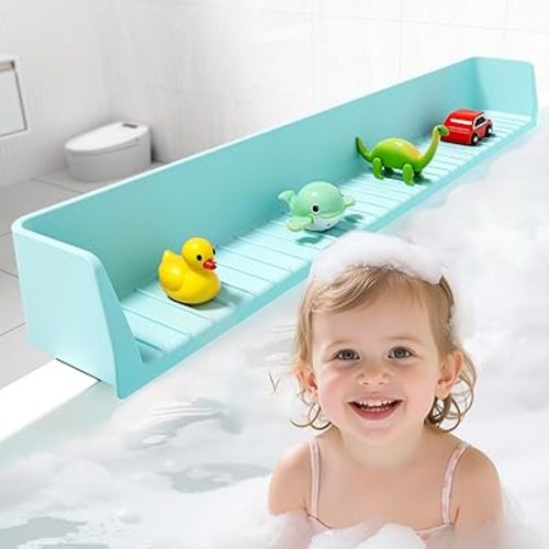 2.64-Ft Bathtub Splash Guard with 11 Strong Suction Cups, Toy Tray Holder,Soft Silicone Splash Guard for Easy Clean & Fold, Universal for Tub, Bathroom Sink, Kitchen Sink 1 Pack (Aqua Blue)