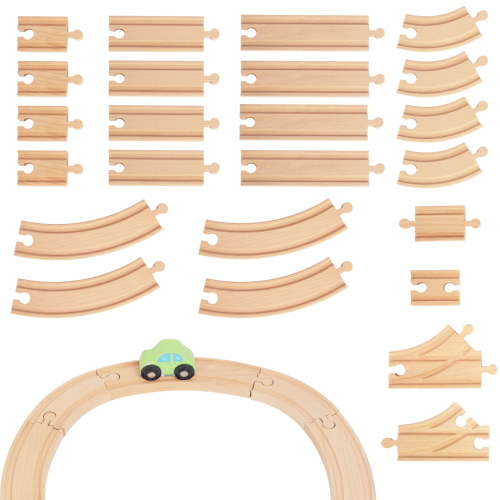 Wooden Train Tracks 24 Piece Set, Track Expansion and 9 Distinct Pieces - 100% Compatible with All Major Brands Including Thomas Wooden Railway System