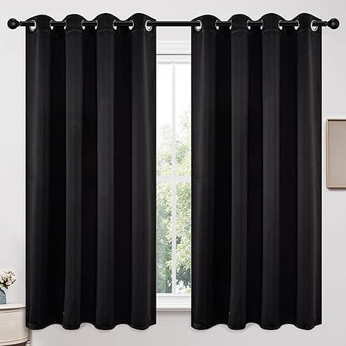 Joydeco Blackout Curtains 63 Inchs Long 52 Wide Black Out Curtains 2 Panels, Thermal Insulated Long Curtain& Drapes, Room Darkening Grommet Drapes for Living Bedroom Window (W52 x L63 Inch, Black)