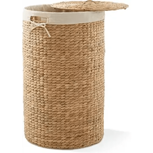 Casafield Round Laundry Hamper with Lid and Removable Liner Bag - Natural, Woven Water Hyacinth Wicker Laundry Basket for Clothes and Towels
