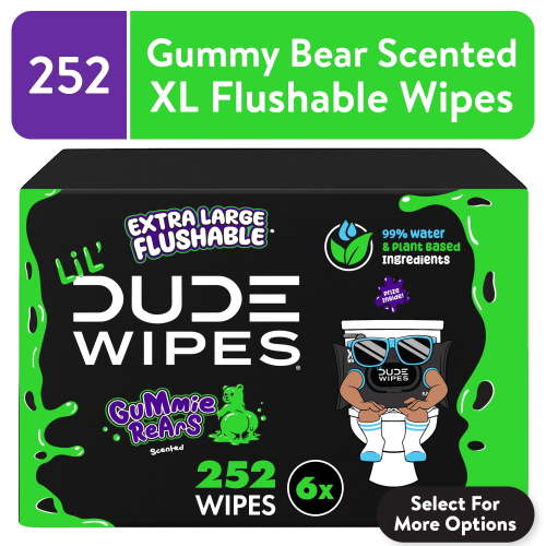 LiL' DUDE Flushable Wipes, Extra Large Gummie Rears Wet Wipes, Gummy Bear Scent, 42 Count, 6 Pack