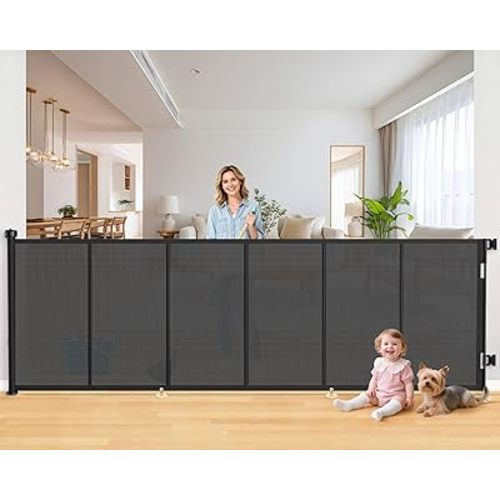 120 Inch Retractable Baby Gates Extra Wide, 41 Inch Reinforced Extra Tall Gate for Large Openings, Mesh Safety Gate for Kids Pets, Retractable Dog Gate for Stair Hallways Doorway Indoor Outdoor, Black