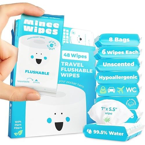 Impossibly Compact Travel Flushable Wipes - 99.5% Water and Aloe - Safe for Sensitive Skin & Hypoallergenic - Travel Essentials for Adults & Kids, Unscented, 8 Pack 48 Wipes