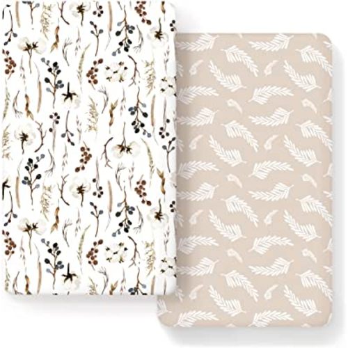 Stretch Ultra Soft Jersey Knit Fitted Crib Sheets Set 2 Pack, Fits All Standard Crib Mattress Pads Safe and Snug, Stylish Pretty Flora for Baby, Beige