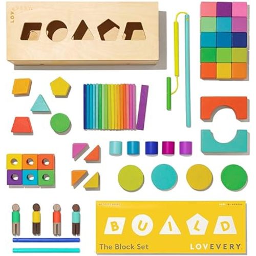 LOVEVERY | The Block Set | Solid Wood Building Blocks and Shapes + Wooden Storage Box, 70 Pieces, 18 Colors, 20+ Activities, Toddler Block Set and Converts into a Pull Car, Ages 12 to 48+ months