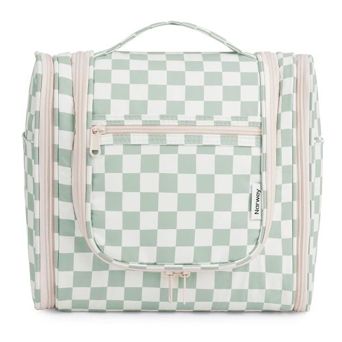 Narwey Checked Hanging Travel Toiletry Bag for Women, Travel Bag for Toiletries, Makeup Bag Organizer Cosmetic Bags Make Up Bags for Women (Mint Green Checkerboard)