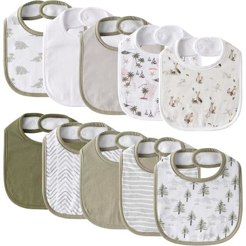 10 Pack Cotton Snap Bibs for Baby Boy Girl, Super Soft Drool Bibs for Teething and Feeding