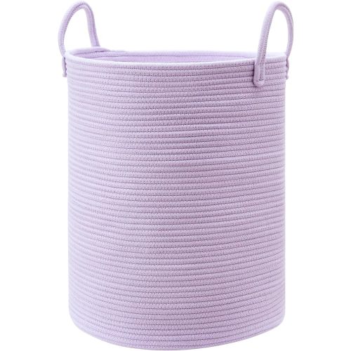 MOJOSCEND 60L Large Purple Hamper Laundry Basket for Nursery Kids Tall Lavender Blanket Basket for Girls Cotton Rope Lilac Clothes Hamper in Bedroom 15Dx20H inches