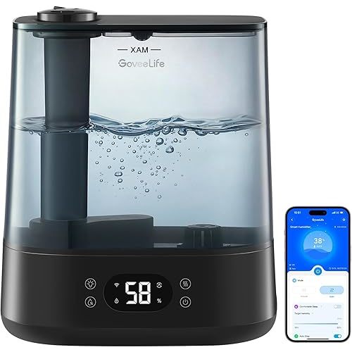 GoveeLife Smart Humidifiers for Bedroom, 6L Cool Mist Top Fill for Large Room, Humidity Sensor, Auto Mode, 60H Quiet Runtime, Schedule, WiFi Humidifier for Baby Plant, Compatible with Alexa, Black