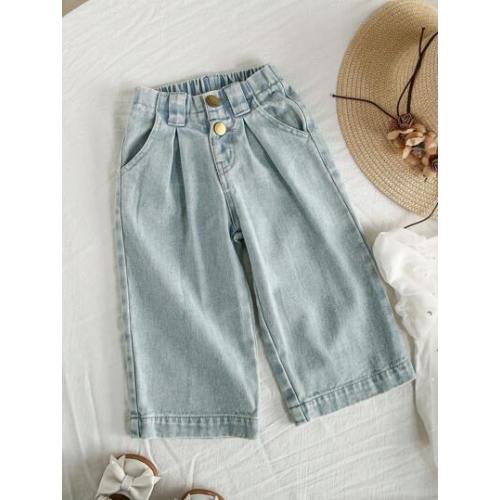 SHEIN Vintaside Kids Baby Girls' Vintage Western Washed Light Blue Loose Fit Wide Leg Jeans, Pleated Waistband Fashionable Casual Summer Vacation Back-To-School | SHEIN USA