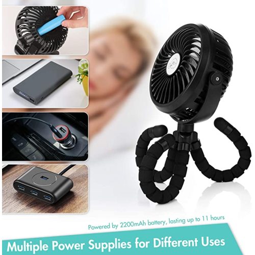 Battery Operated Stroller Fan Flexible Tripod Clip On Fan with 3 Speeds and Rotatable Handheld Personal Fan for Car Seat Crib Bike Treadmill (Black)