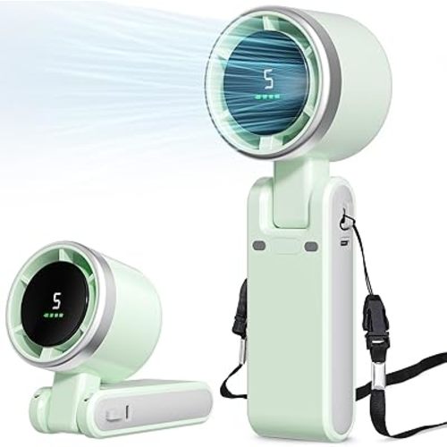 Portable Fan, Mini Fan, Handheld Turbo Fan, Portable Rechargeable Fan, 5-Speed, LED Display, Foldable Design (Green)