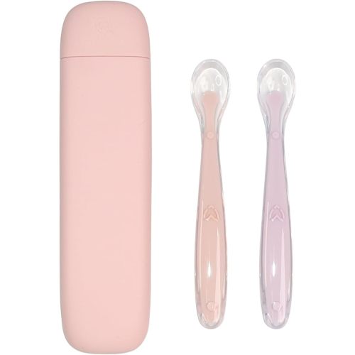 LITTLE RAWR Silicone Baby Feeding Spoons with Storage Box, First Stage Infant Soft-Tip Easy on Gums I Training Spoon Self | Utensils Supplies (Pink)