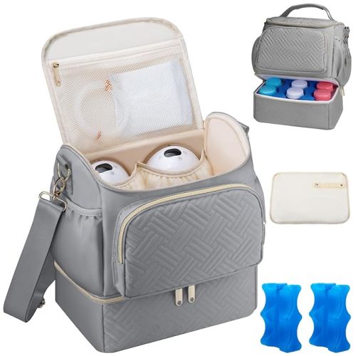 Wearable Breast Pump Bag with Cooler Compartment Compatible with Willow/Elvie/Medela/Momcozy M5/S12 Pro, Breast Milk Cooler Travel Bag with Ice Pack & Mat, Pumping Bags for Work, Grey