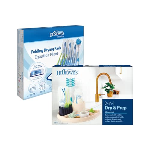 Dr. Brown's 2-in-1 Dry & Prep Silicone Mat with Built-in Bottle Holder, Baby Bottle Drying Mat with Removable Pegs for Baby Essentials, BPA Free