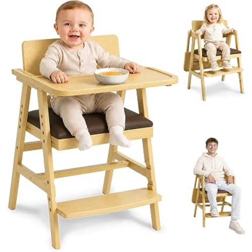 3-in-1 Wooden High Chair for Baby & Toddler with Adjustable Tray, Natural