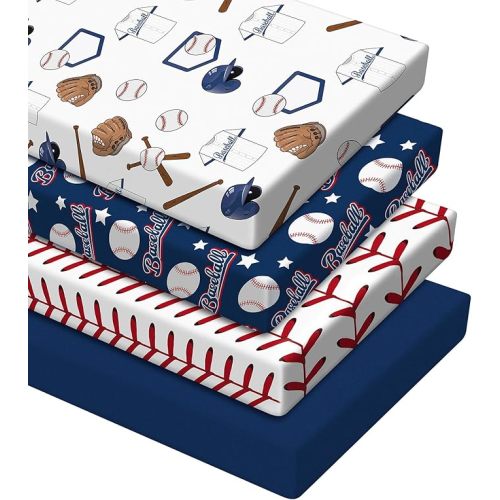 VitalCozy 4 Pcs Baseball Crib Sheet Set Newborn Bedding Nursery Baby Sheets for Girl Boys Baby Gifts for Standard Crib and Toddler Mattresses, 52 x 28 x 8 Inches