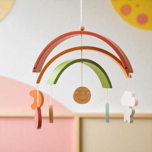 Rainbow Baby Mobile, Wooden Nursery Mobile, Modern Crib Hanging Decor, Colorful Baby Room Accessory, Geometric Art, Playful Gift Idea