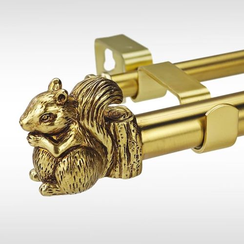 Double Curtain Rod Set with Squirrel Finials, 36-72 inch Adjustable Length, 1 inch diameter Gold Drapery Rod for Living Room, Bedroom,1 Pack