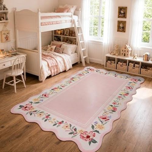 Lahome Girls Bedroom Rug 5x7, Pink Scalloped Floral Area Rug