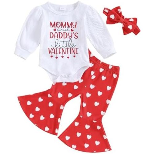 Baby Girls 3Pcs Valentine's Day Outfits Letter Print Long Sleeve Rompers Heart Print Flare Pants Headband Set