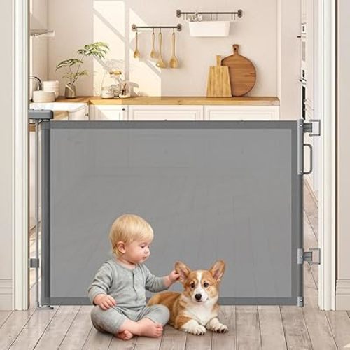 Retractable Baby Gate for Stairs, 55" Wide Mesh Dog Gate Indoor, 34" Tall Child Gate for Doorways, Hallways, Deck, Indoor Outdoor Pet Baby Safety Essentials for Home, Grey